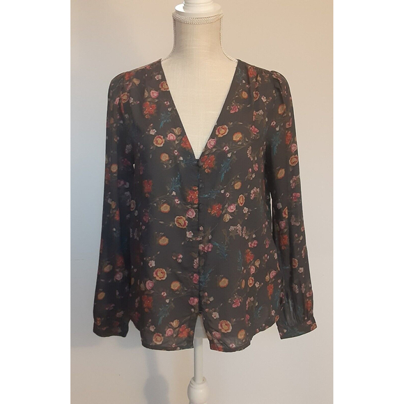 Lucky Brand Size SP Gray Floral Long Sleeve Button Front Blouse - Picture 1 of 8